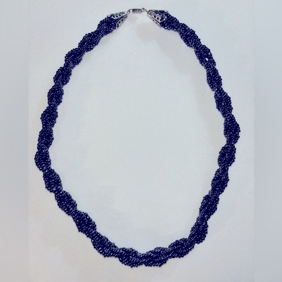 Jewelry - Blue Beaded Twist Necklace with Silver Tone Chain and Barrel Fastener 22" Length